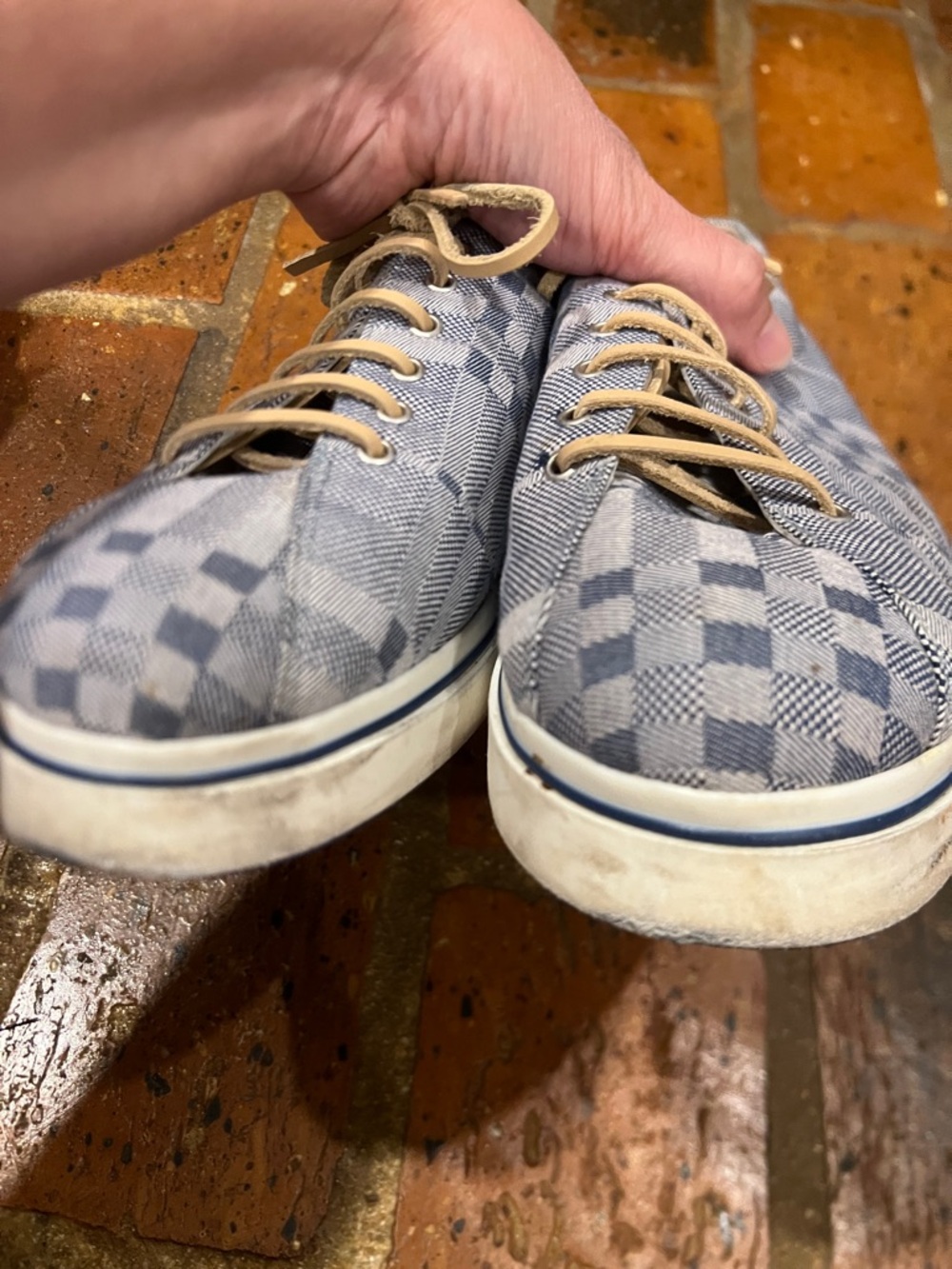 Burberry Unisex Blue Check Canvas Sneakers with Tan Laces - Picture 3 of 13
